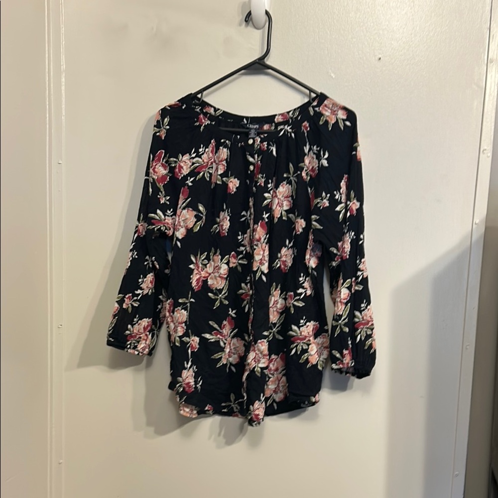 Chaps Black and Pink Ruffled 3/4 Sleeve Blouse
